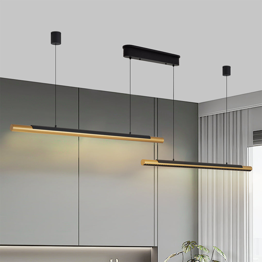 Create a modern look using a 2 light linear pendant with minimalist dual-head ceiling lights and soft ambient glow.