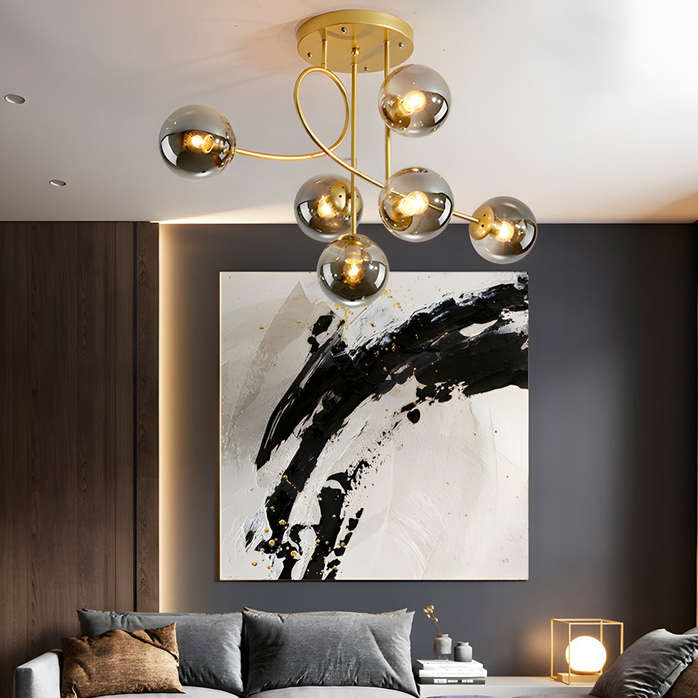 Modern 6 - Light Gold/Black Semi - Flush Mount Chandelier with Glass Shade