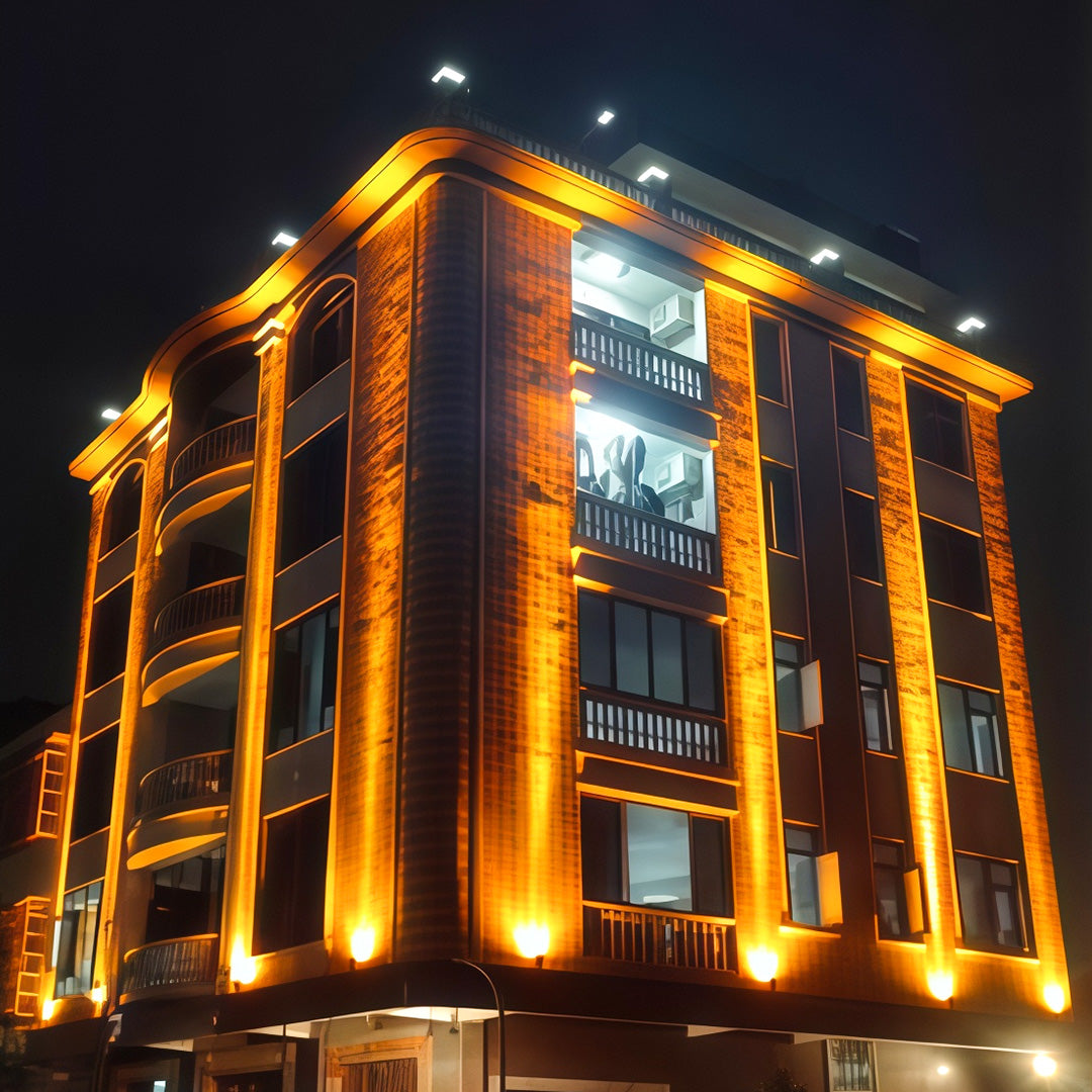 Modern building architecture illuminated by LED square wall wash light.