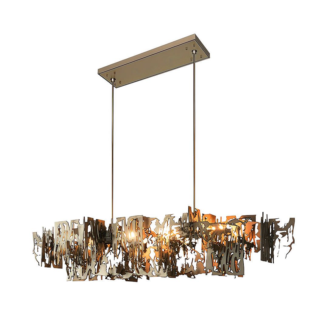 Modern art deco chandelier with a close-up of its ceiling mount and structure.