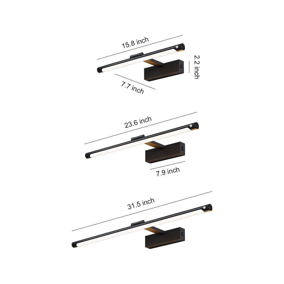 Product lineup showing three modern bathroom vanity light options in different finishes and sizes
