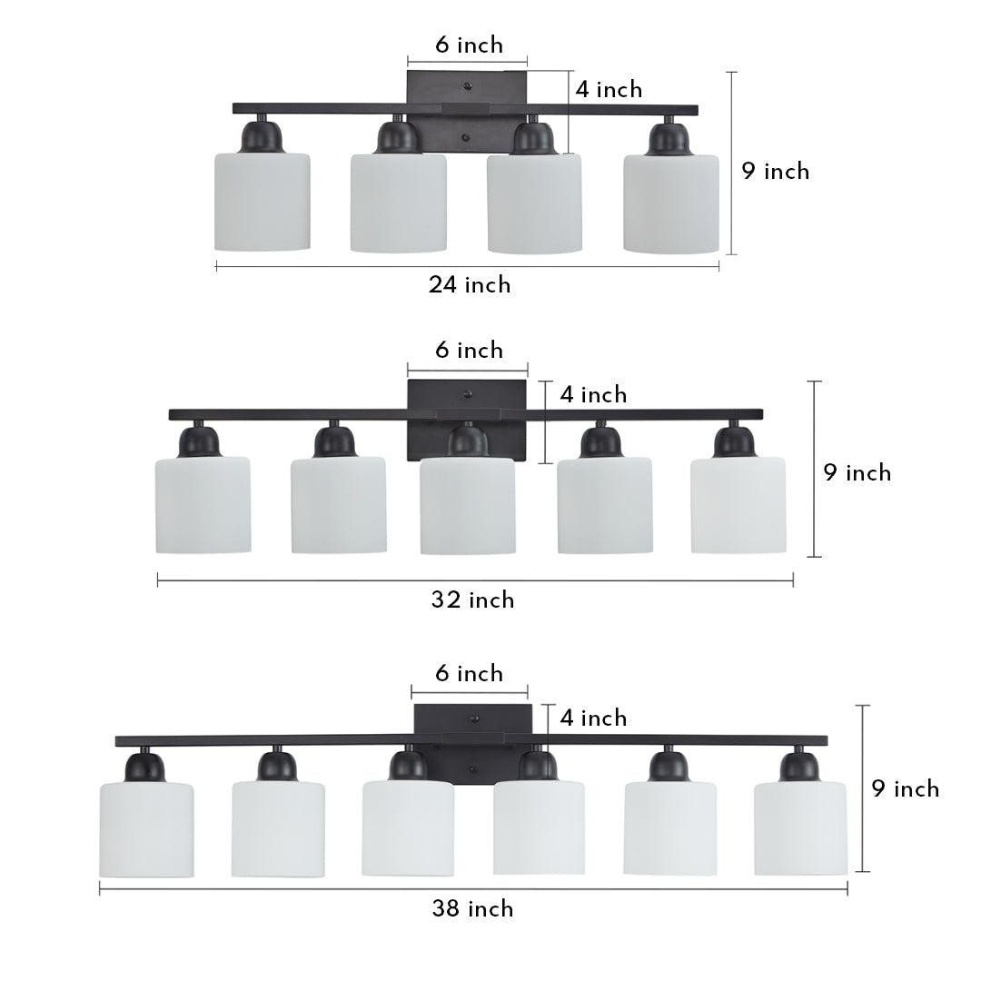 Enhance your bathroom decor with modern vanity lights, available in three sizes, designed with 4-6 opal glass shades for soft, stylish illumination.