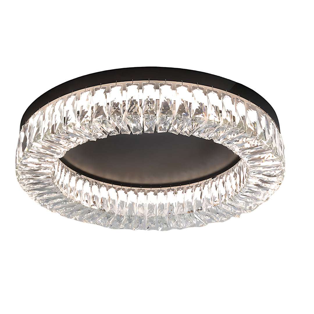 Modern black ceiling flush mount light featuring circular design with geometric crystal prisms and matte black base.