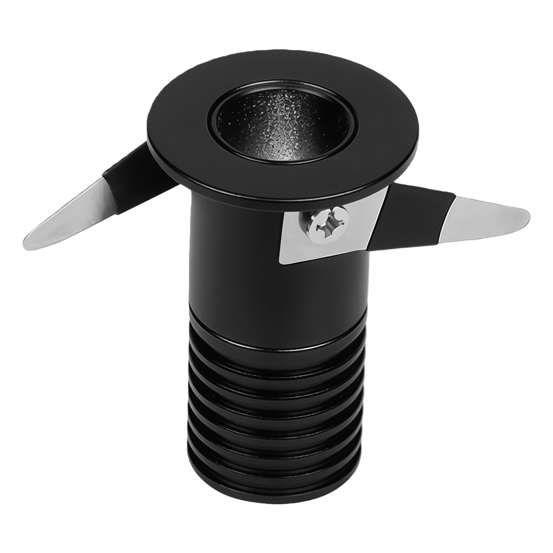 Modern black recessed ceiling spotlight with ribbed housing and low-profile trim design.