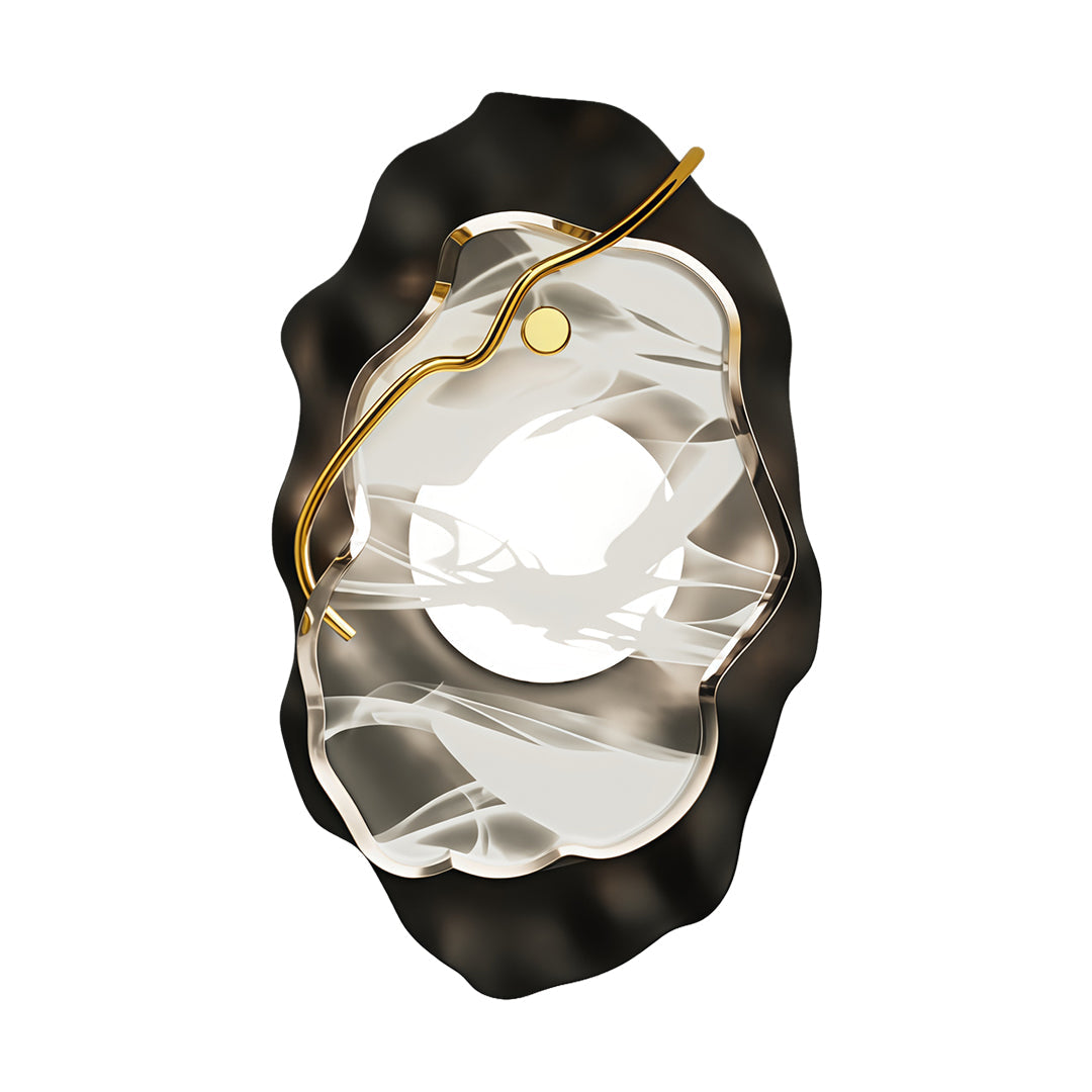 Modern black wall light featuring sculptural textured layers and metallic detail on white background