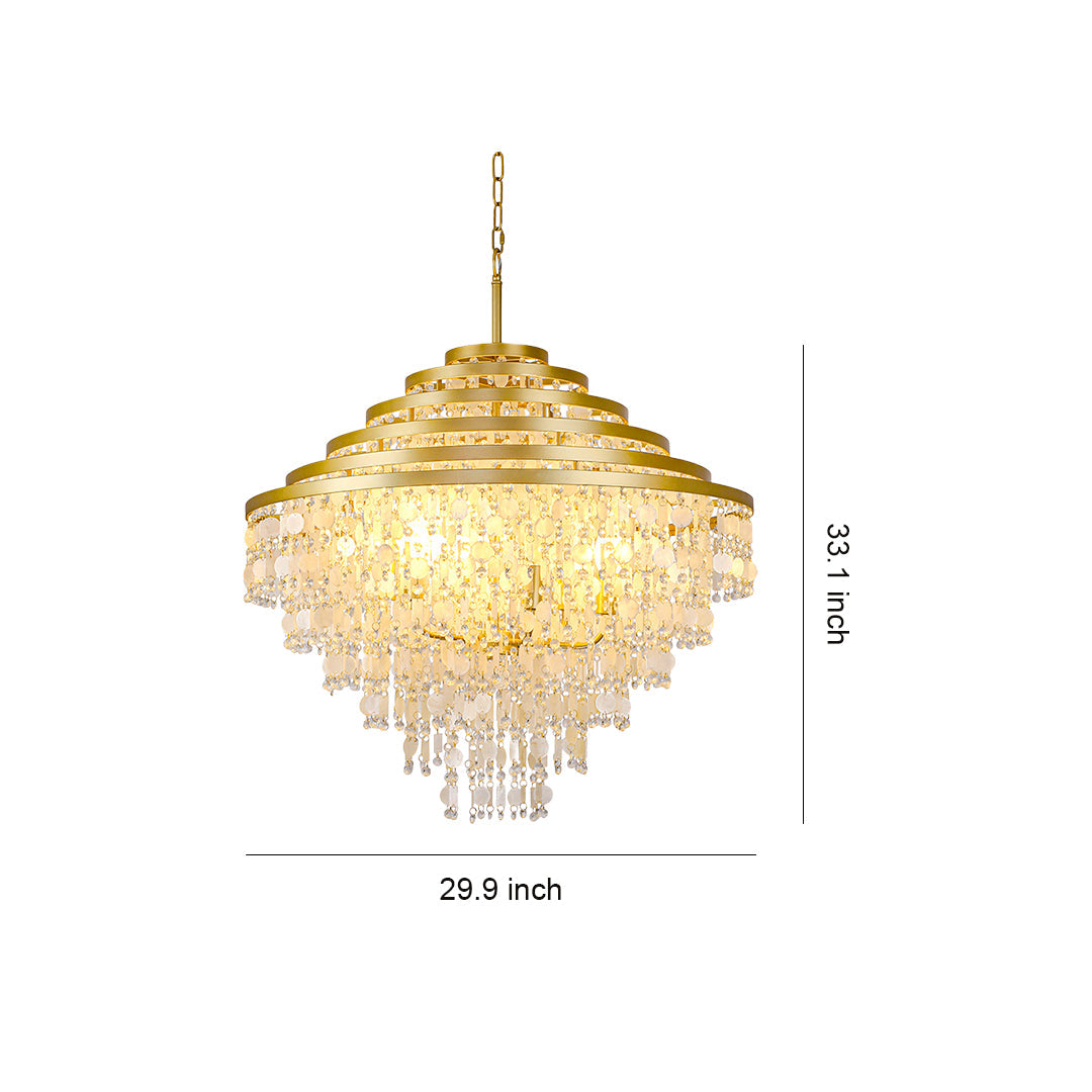 Luxurious gold-tiered crystal chandelier with cascading hanging shells for grand interiors