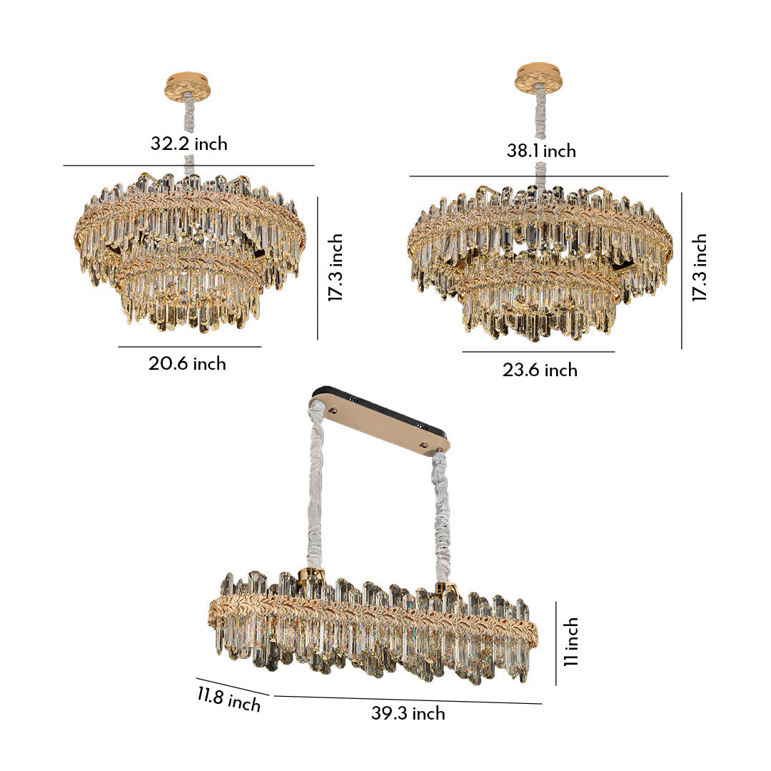 Modern chandelier lamps crystal dimension guide with both round and rectangular crystal styles.