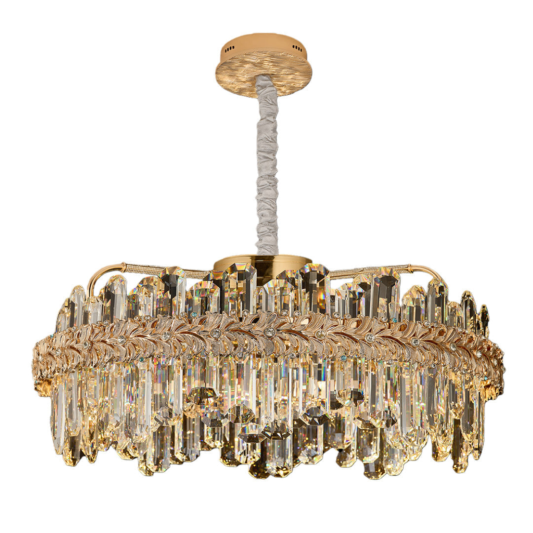 Modern chandelier lamps crystal featuring multiple layers of crystal and gold accents.