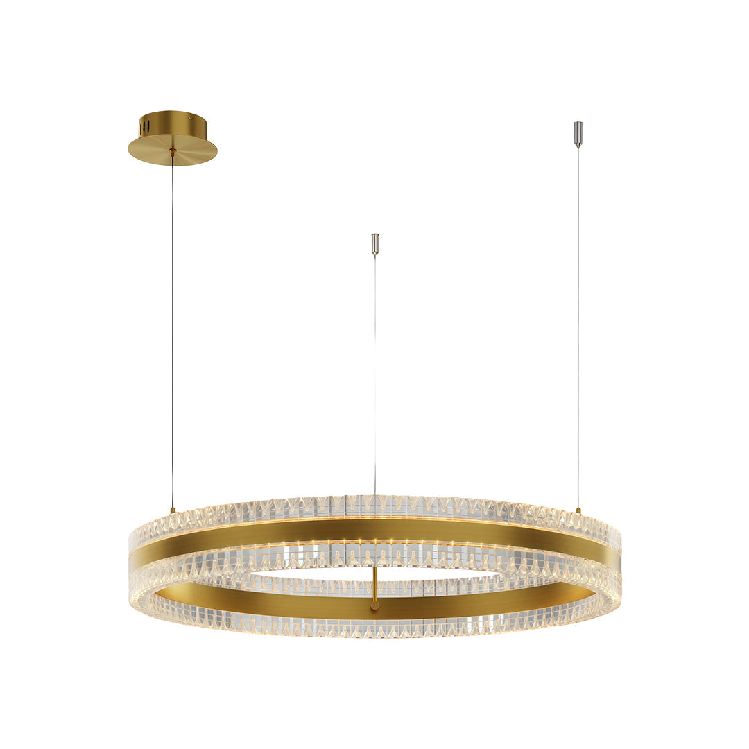 Modern circular chandelier with a black finish, adding a contemporary touch to a dining space.
