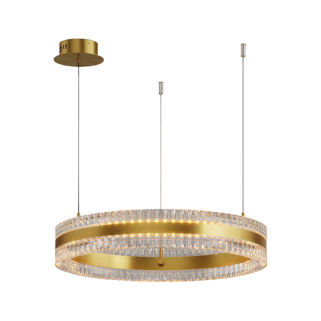 Modern circular chandelier with a black finish, suspended in a modern dining area.