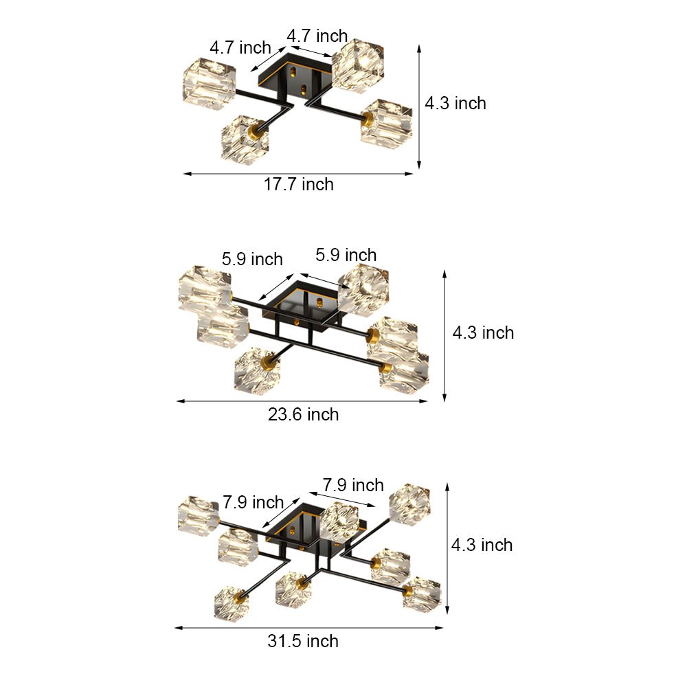 Modern Copper Crystal Cube Semi - Flush Mount Light Fixture, 4/6/8 - Light