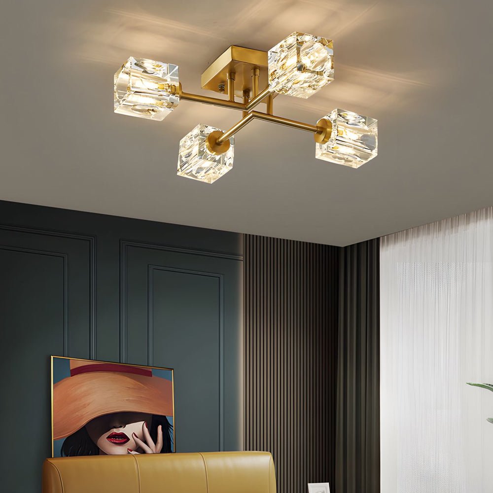 Modern Copper Crystal Cube Semi - Flush Mount Light Fixture, 4/6/8 - Light