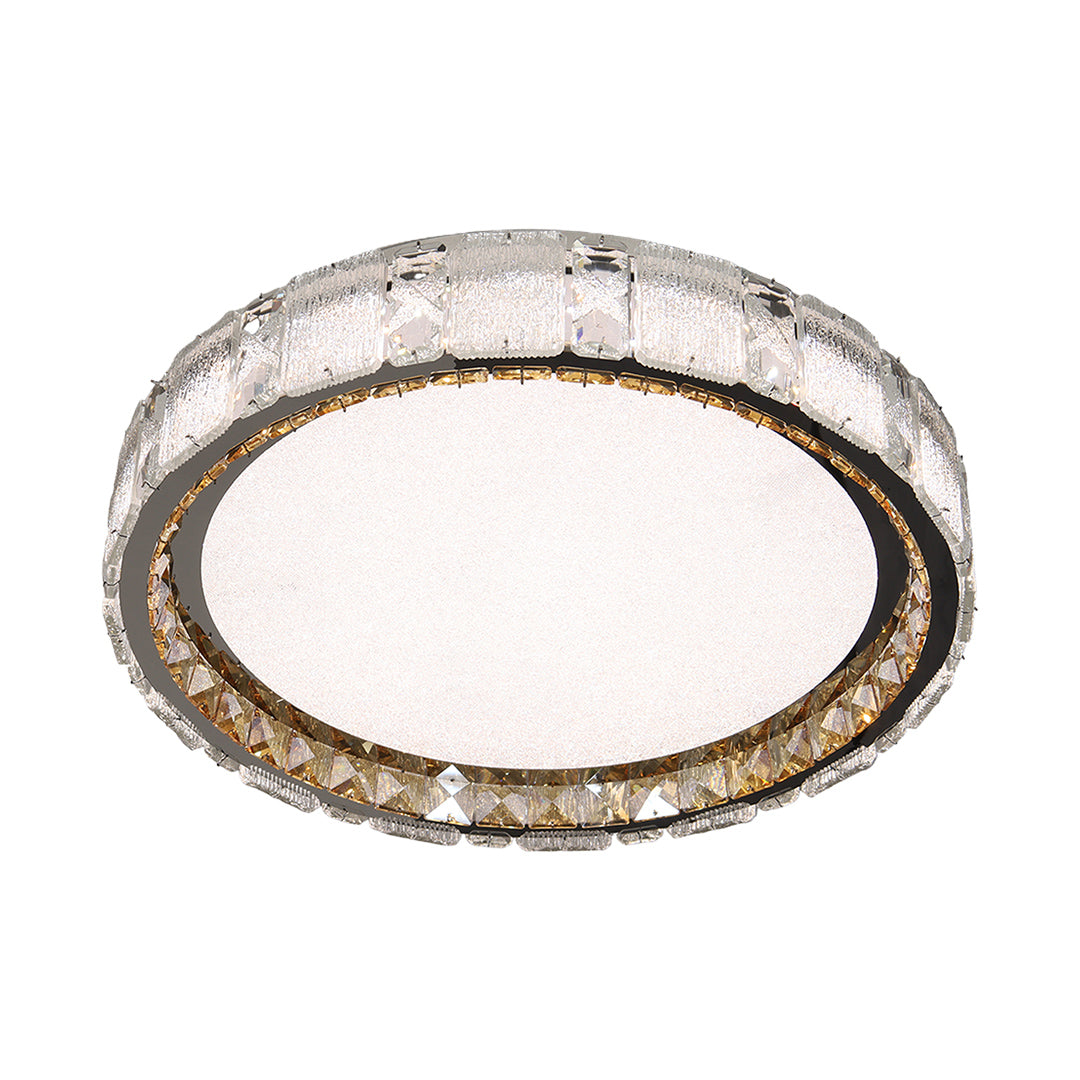 Modern crystal flush mount ceiling light featuring elegant crystal-encrusted frame with soft ambient glow.