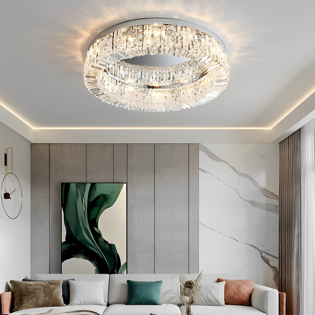 Round modern crystal ceiling light mounted in a stylish modern interior.