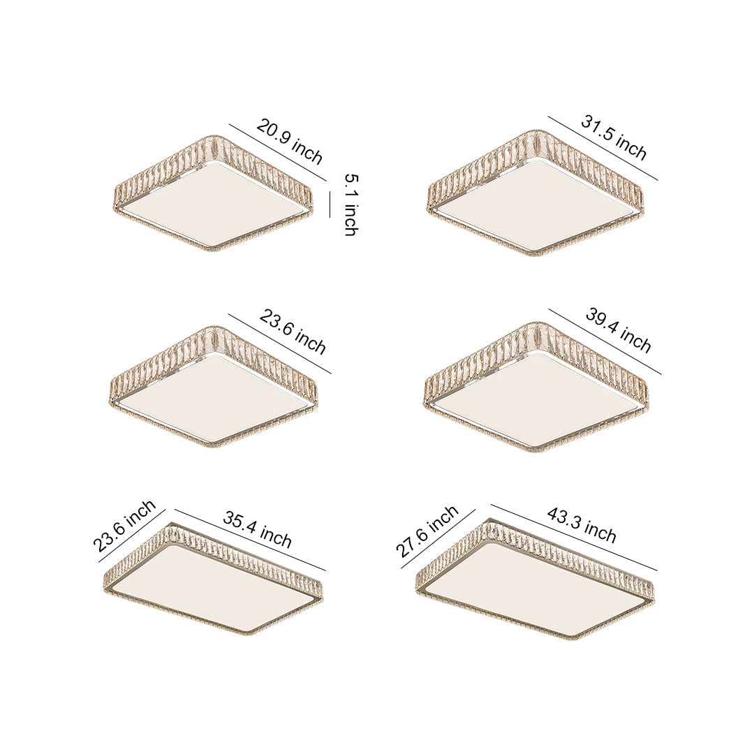 Measurement guide showing various sizes and shapes of modern crystal flush mount lighting fixtures.