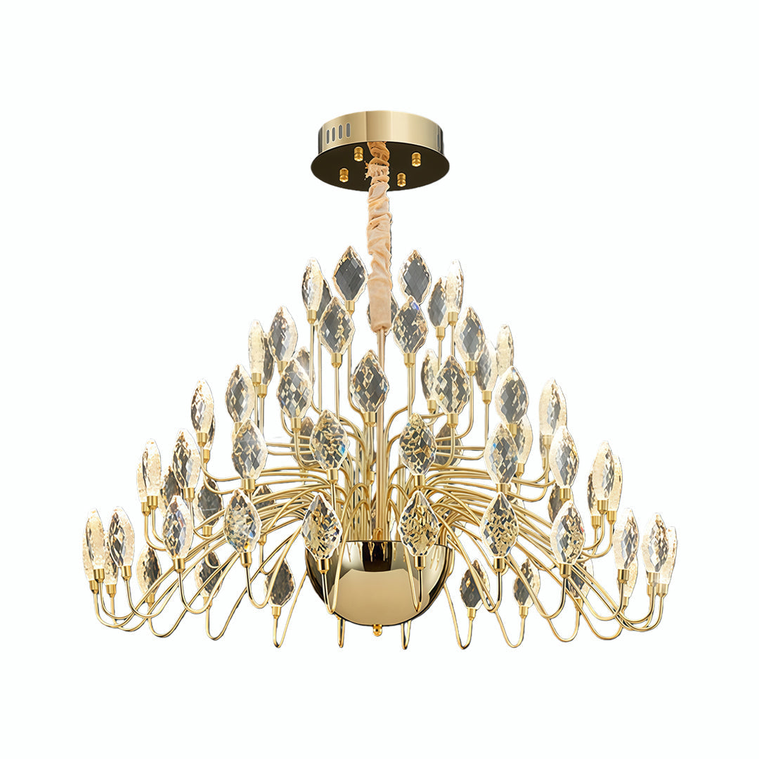 Modern crystal gold LED chandelier with layered design.