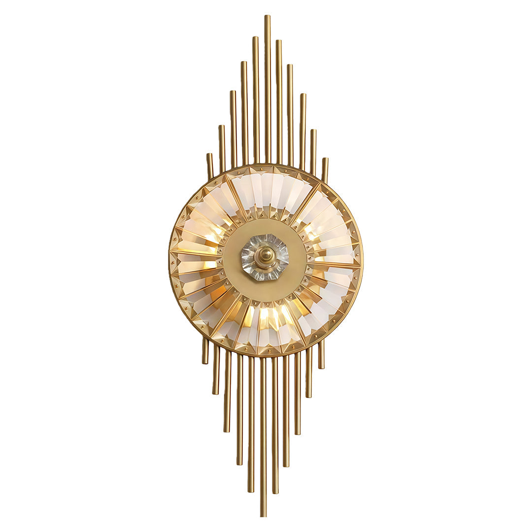 Modern crystal light wall featuring glass shade chandelier aesthetic in sunburst design with radiating gold spikes and crystal center medallion.