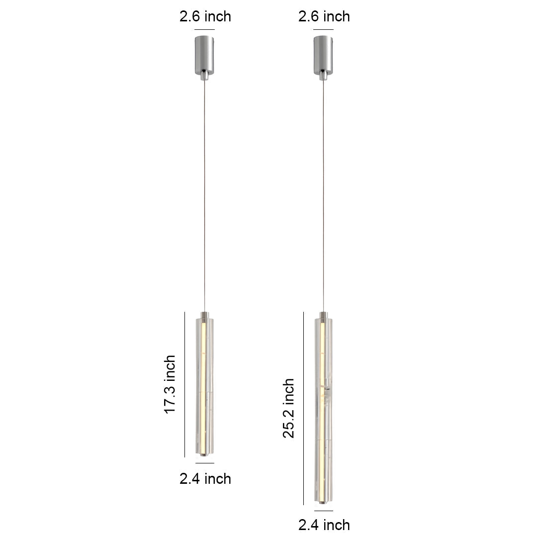 Modern crystal pendant light with a cylindrical crystal design, hanging in a modern interior setting.