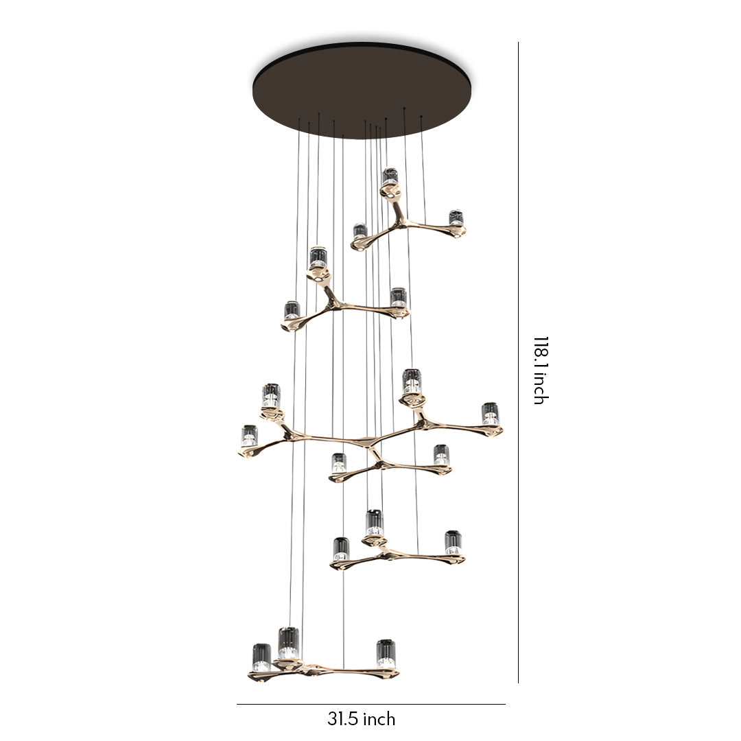 Modern crystal staircase chandelier with cascading multi-tiered design and black canopy on white background