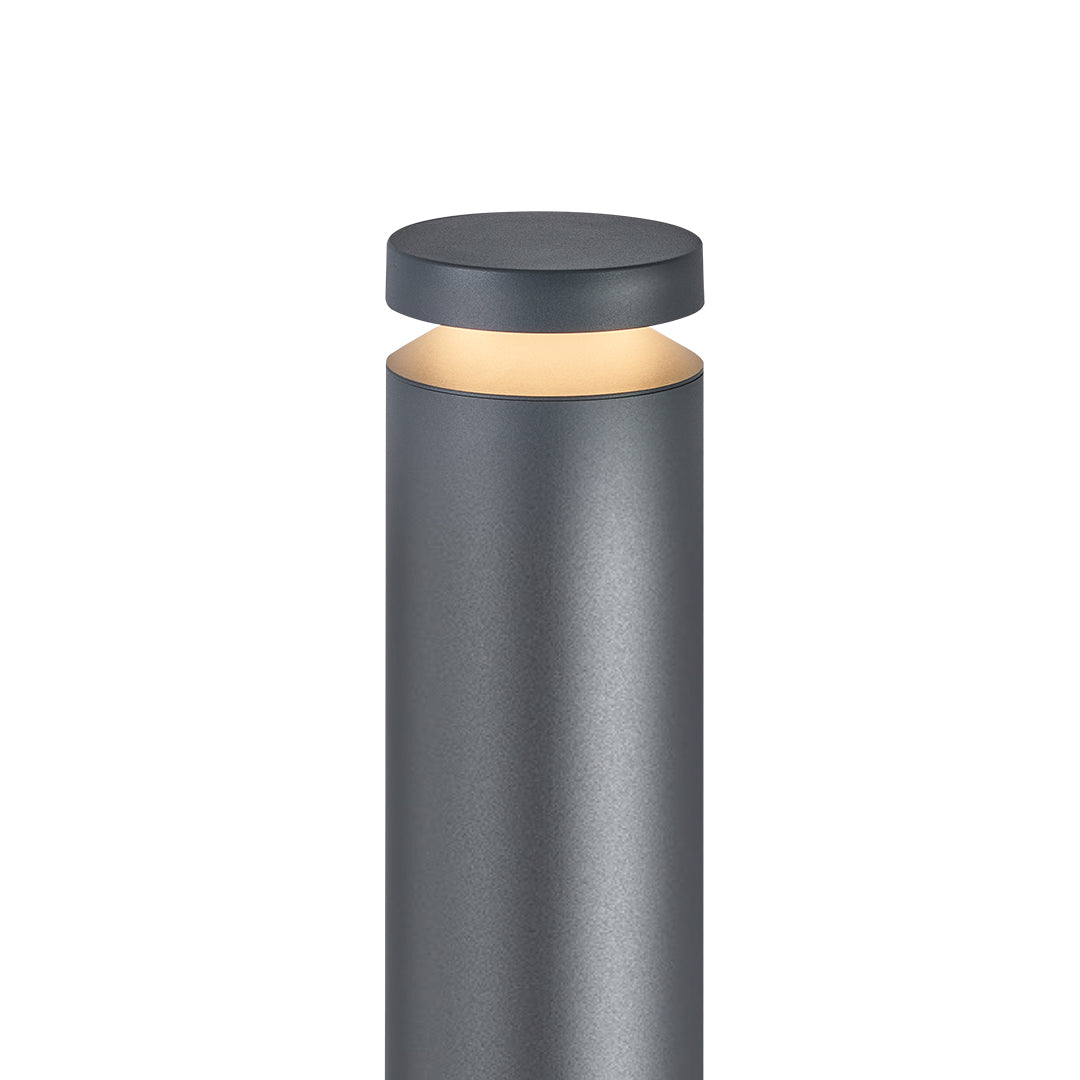 Modern black cylindrical LED path light with horizontal warm light band for contemporary pathway illumination