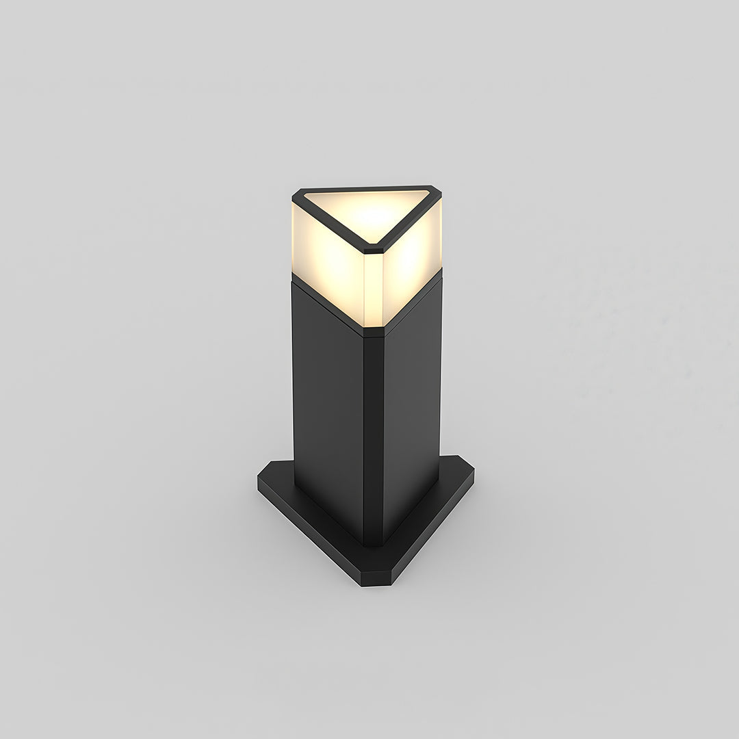 Modern exterior pathway light with a sleek black triangular design and warm light, perfect for garden pathways.