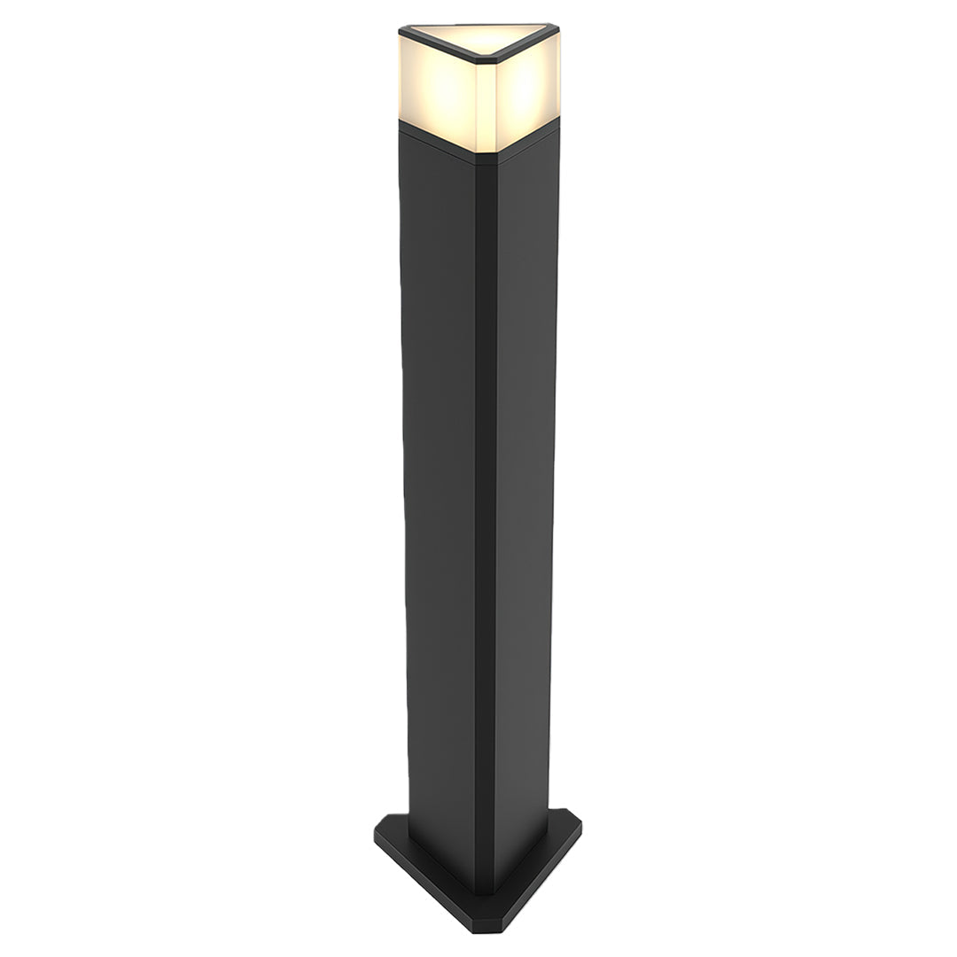 Modern exterior pathway light with a tall black triangular design, ideal for landscape lighting.