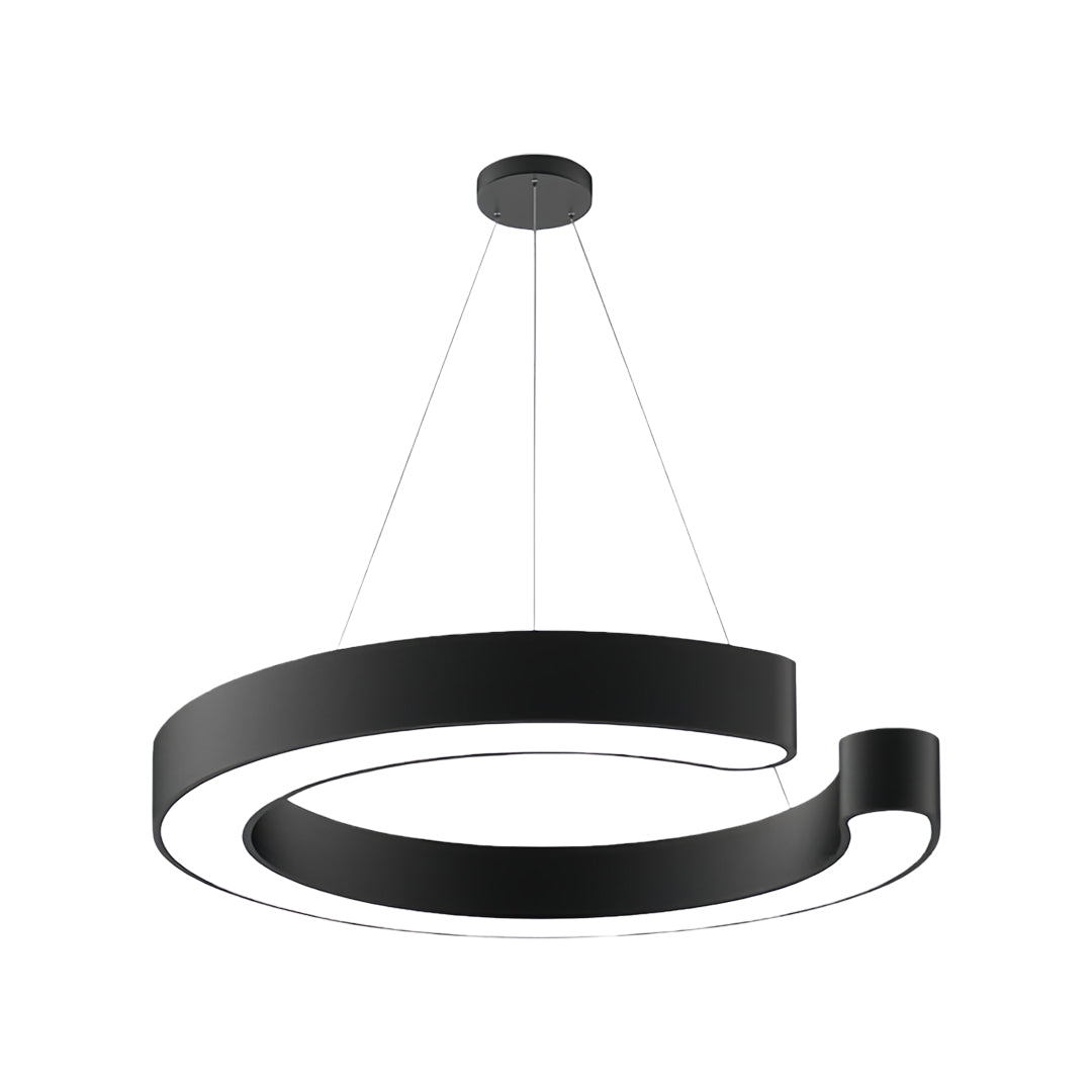 Modern geometric pendant light with black circular ring and suspended cable design