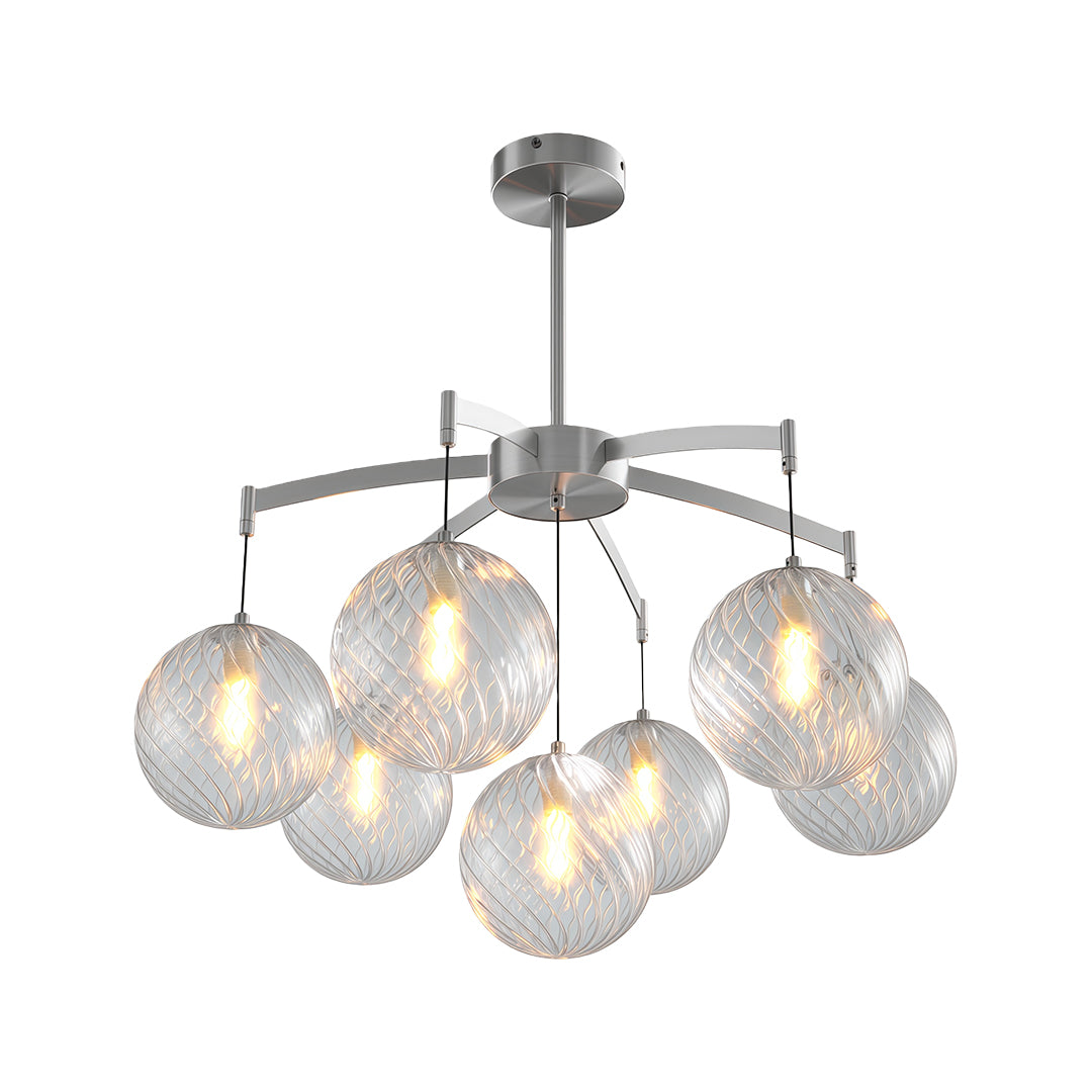 Modern glass ball chandelier with a black frame, adding a touch of sophistication to a dining room.