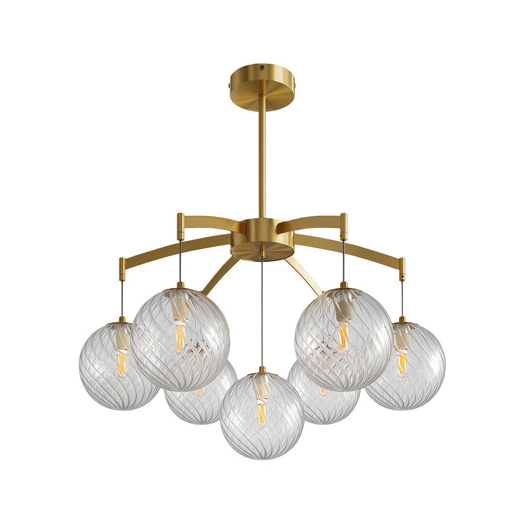 Modern glass ball chandelier with a gold frame, hanging in a modern interior with a minimalist aesthetic.