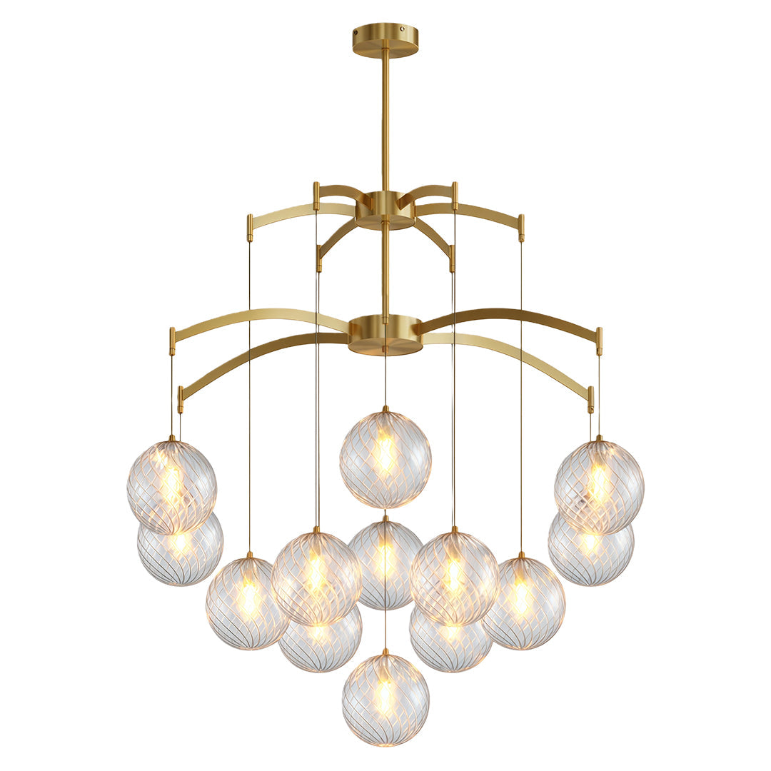 Modern glass ball chandelier with a gold frame, displayed against a white background for clarity.