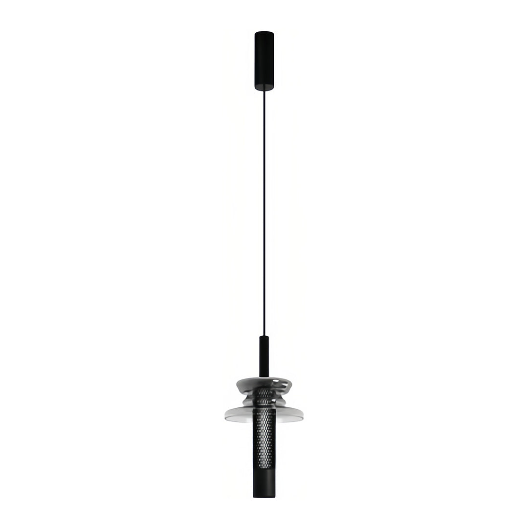 Modern glass pendant lights with black housing and decorative gold mesh cylindrical shade