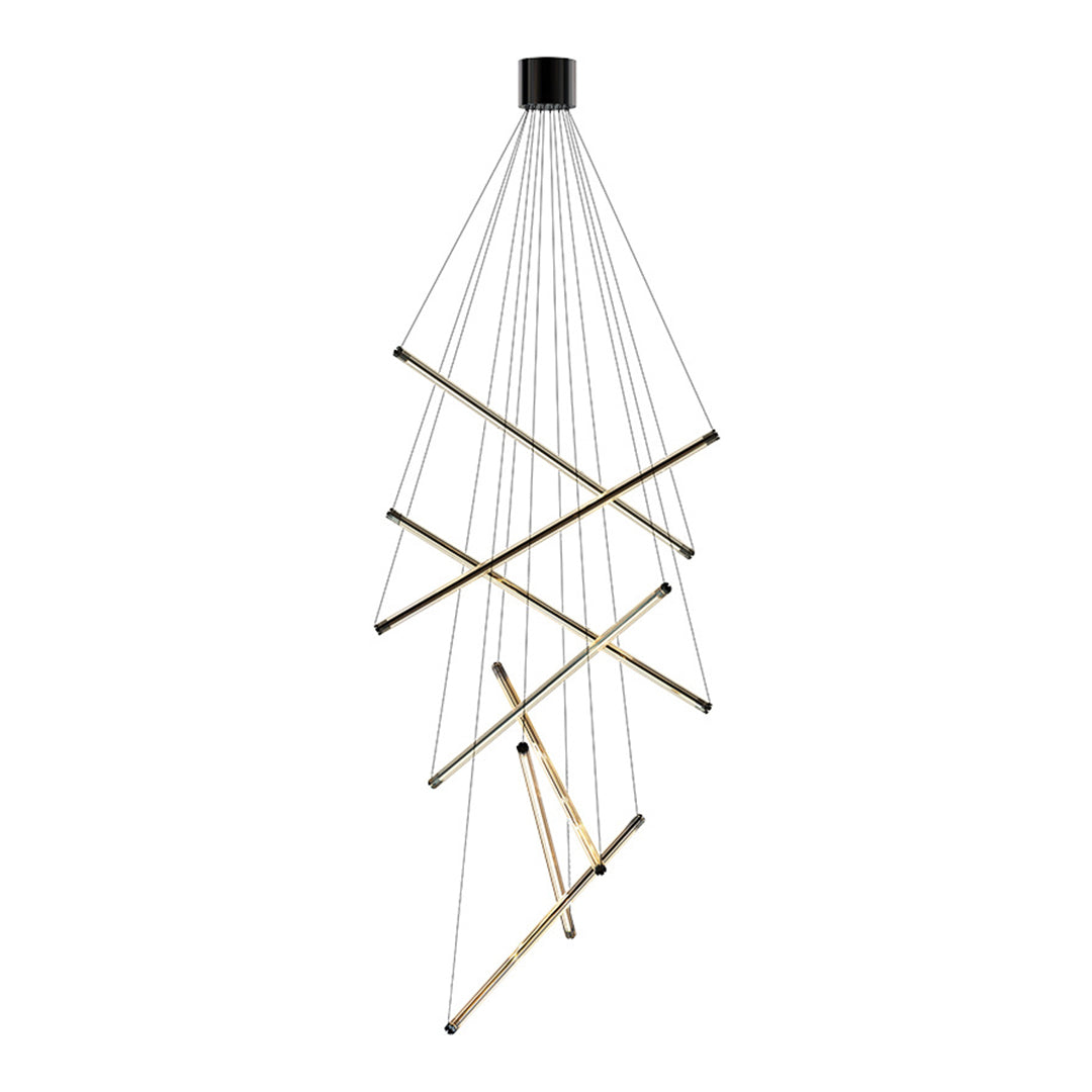 Modern LED linear chandelier with gold bars and cables, hanging in a minimalist space with white walls and gray floor.