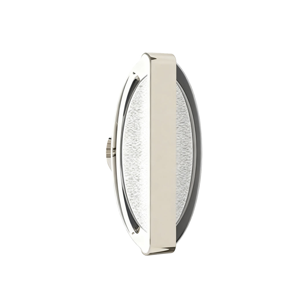 Modern gold wall lights featuring elongated oval crystal shade with decorative metallic border detailing