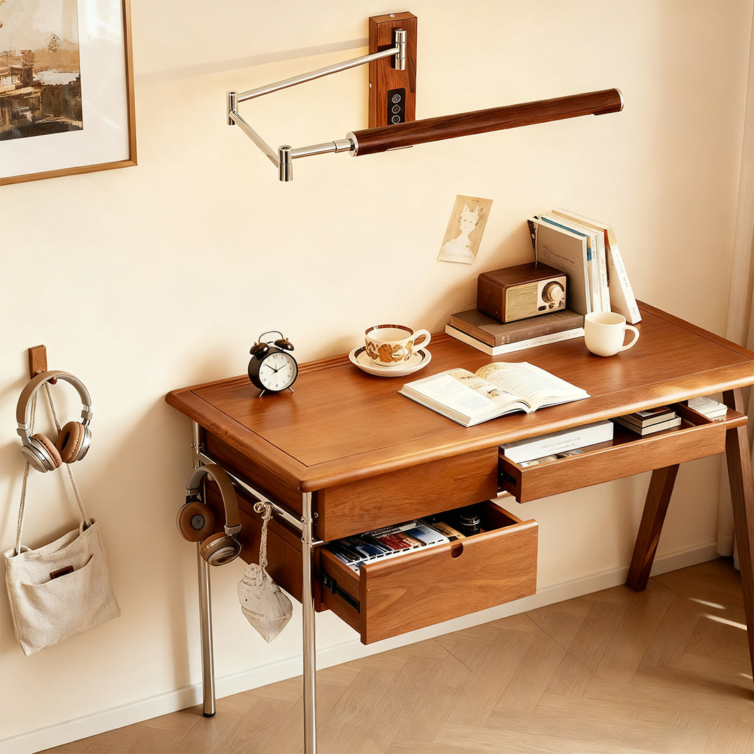 Modern industrial swing wall light with walnut finish and charging port details for study area.
