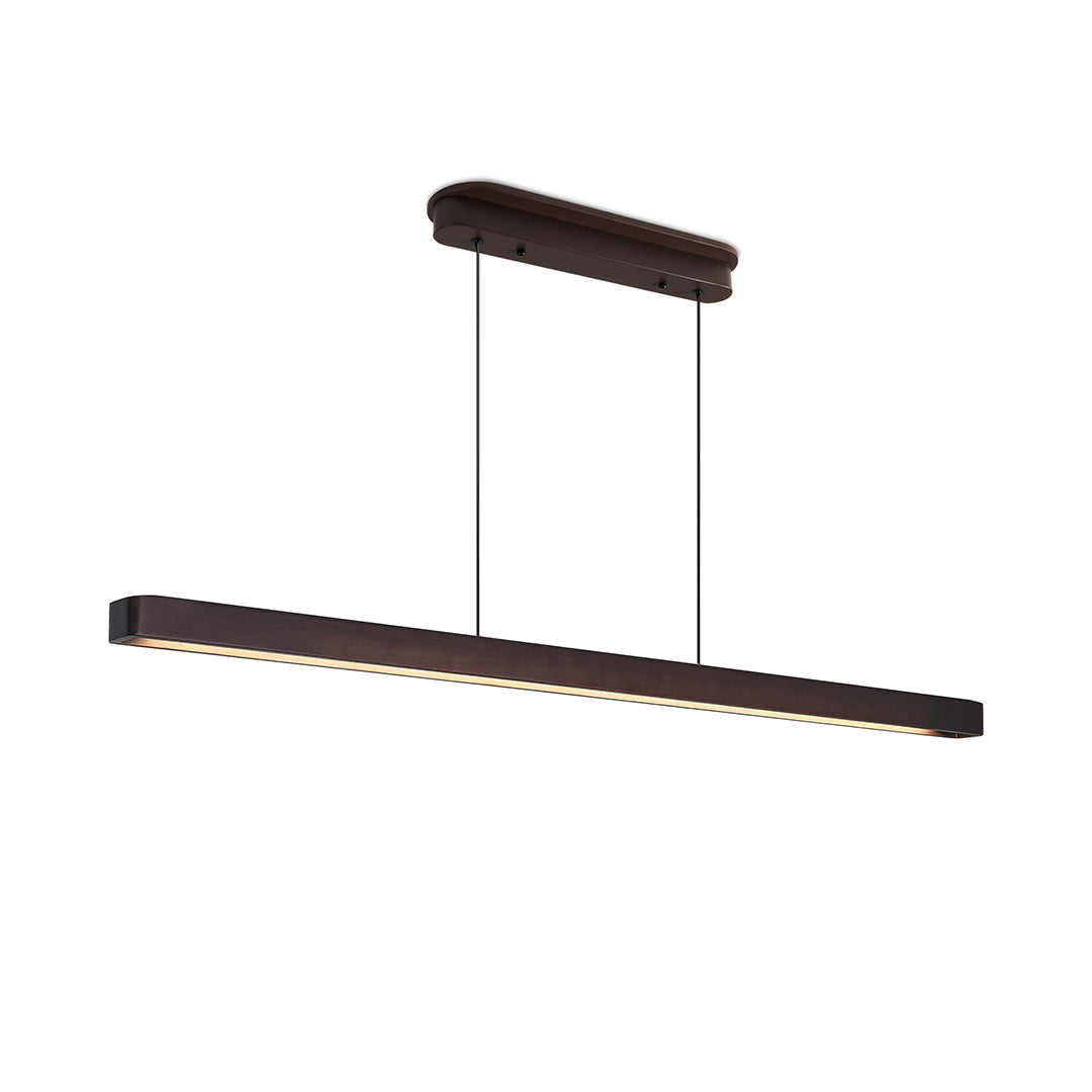 Contemporary linear LED pendant lighting in slim bar shape, ideal for workspace or dining room use.