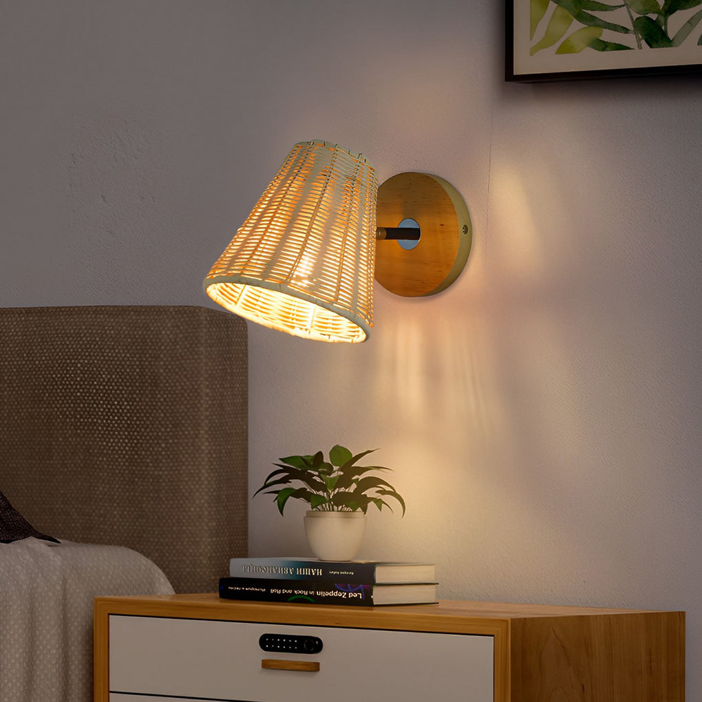 Modern Japanese wall light with a rattan lampshade, providing soft illumination in a serene bedroom setting.