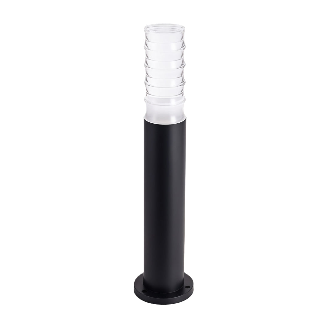 Tall black landscape lighting bollard with transparent diffuser top, ideal for clean and minimalist outdoor pathways.