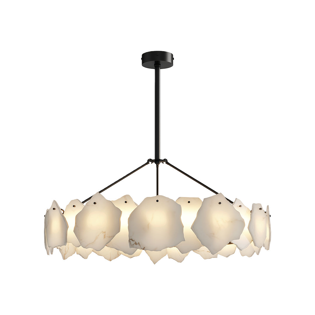 Modern LED chandelier creating focal point in luxurious dining room with marble accent wall.