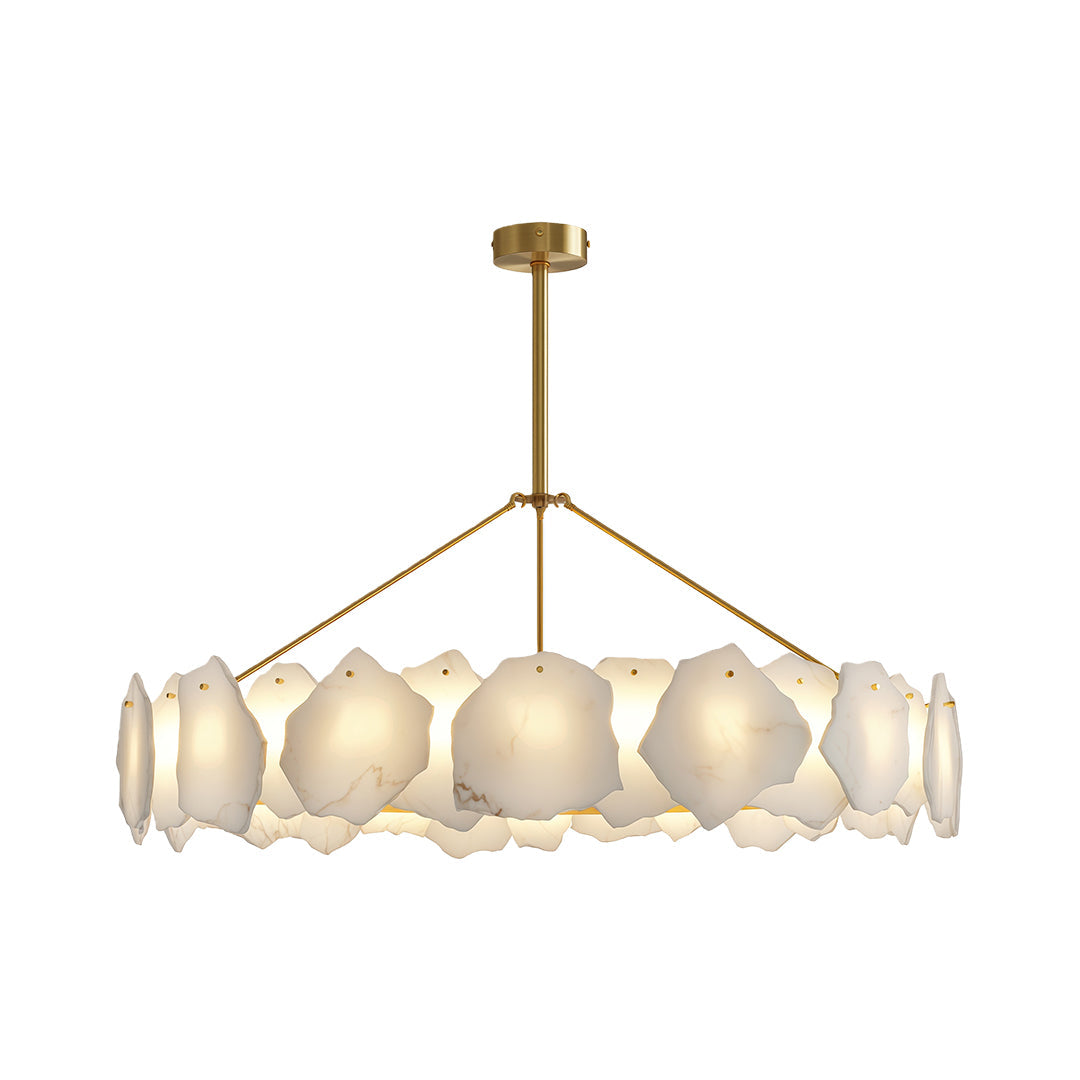 Luxury modern LED chandelier illuminating serene dining space with soft lighting and neutral tones.