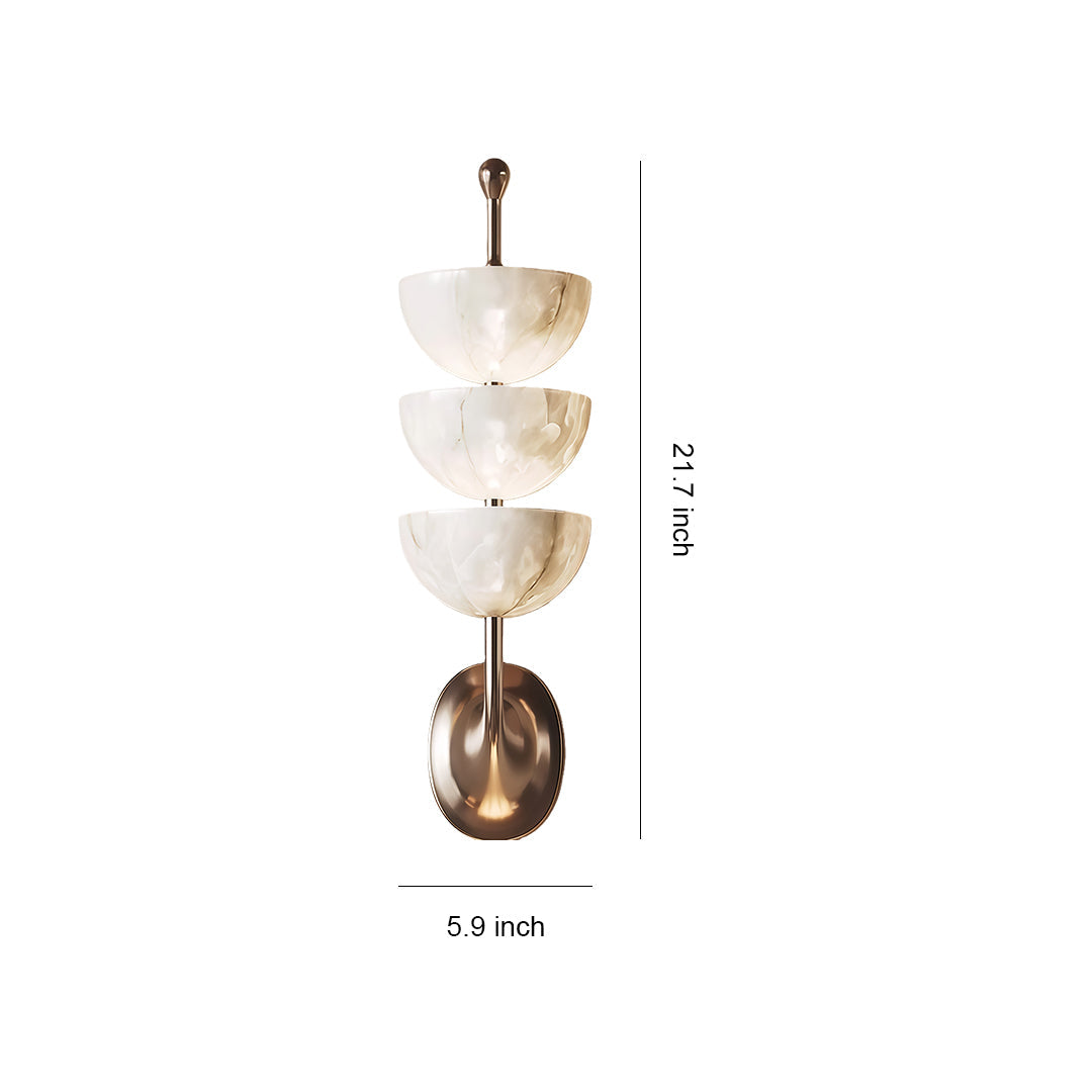 Modern LED wall lights with glass shade chandelier inspired design featuring stacked ceramic shells with gold metal accents on vertical mount.