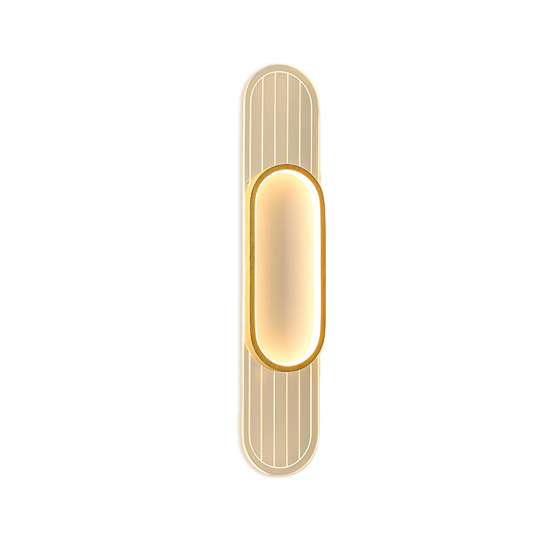 Modern linear led wall light featuring elongated oval design with brushed gold finish and vertical line texture