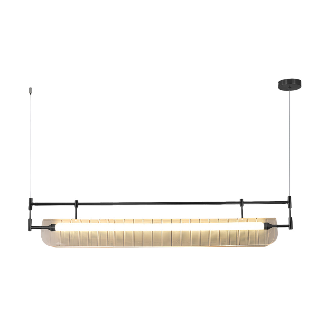 Modern linear light pendant in matte black with corrugated glass diffuser and clean lines.