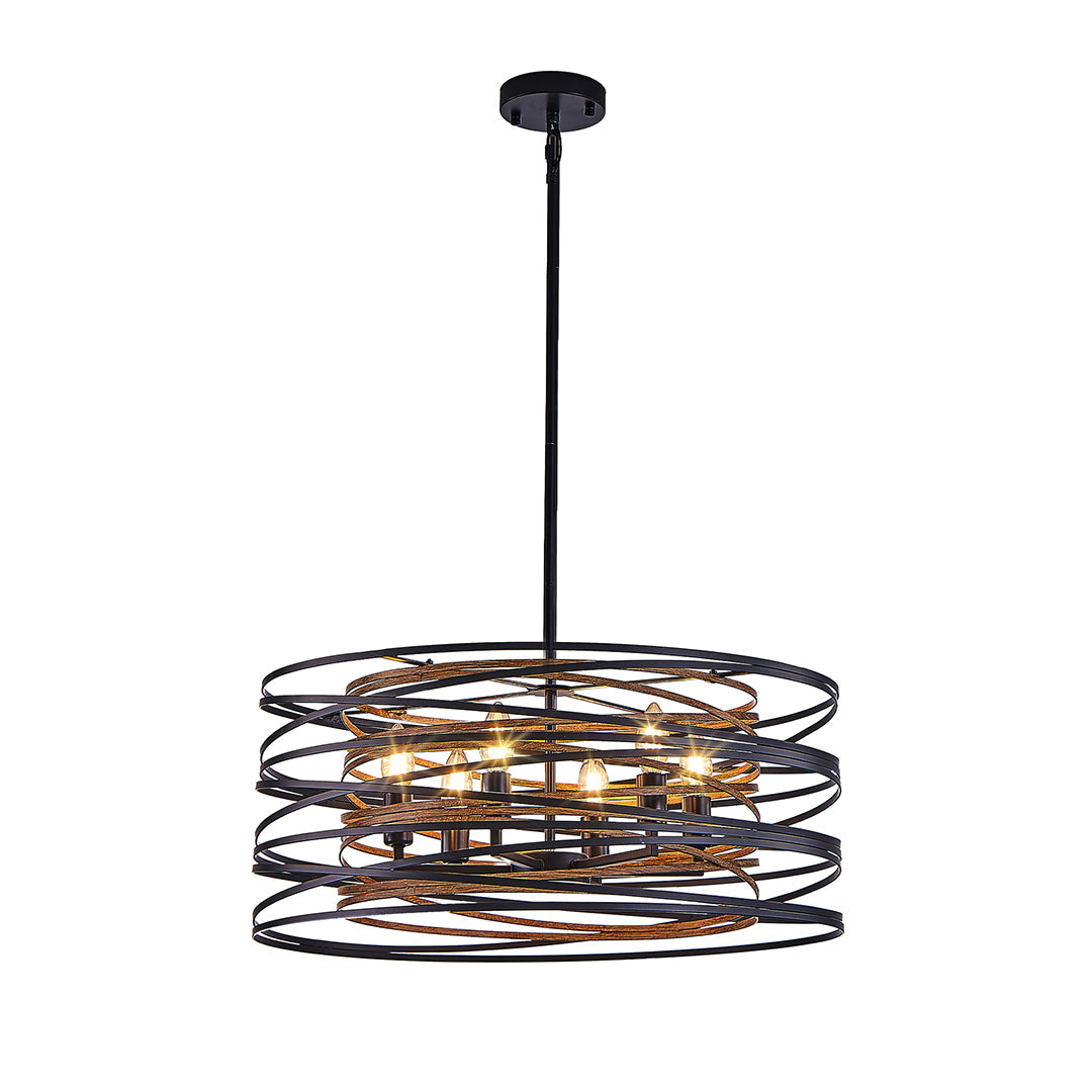Black drum pendant light installed in a modern living room, providing stylish and functional overhead lighting.