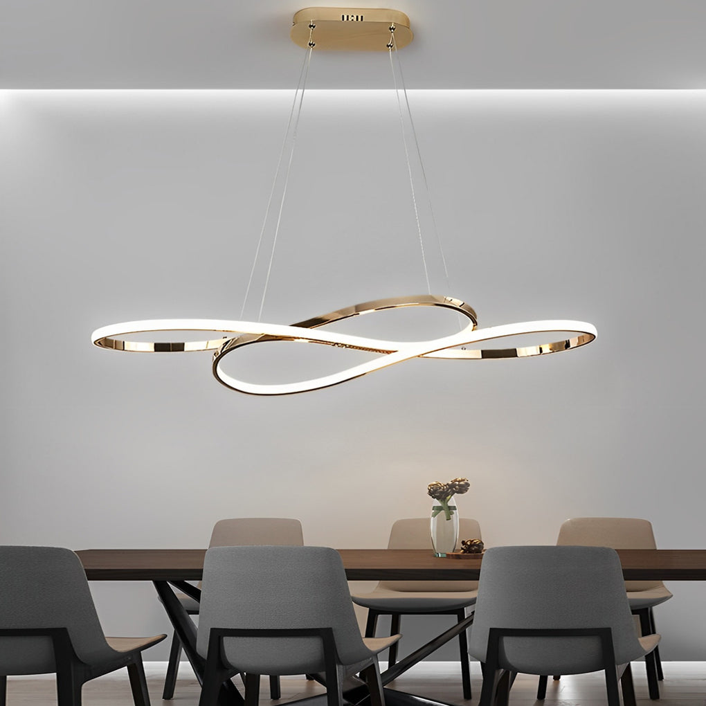 LED infinity chandelier with modern loop design in contemporary dining area.