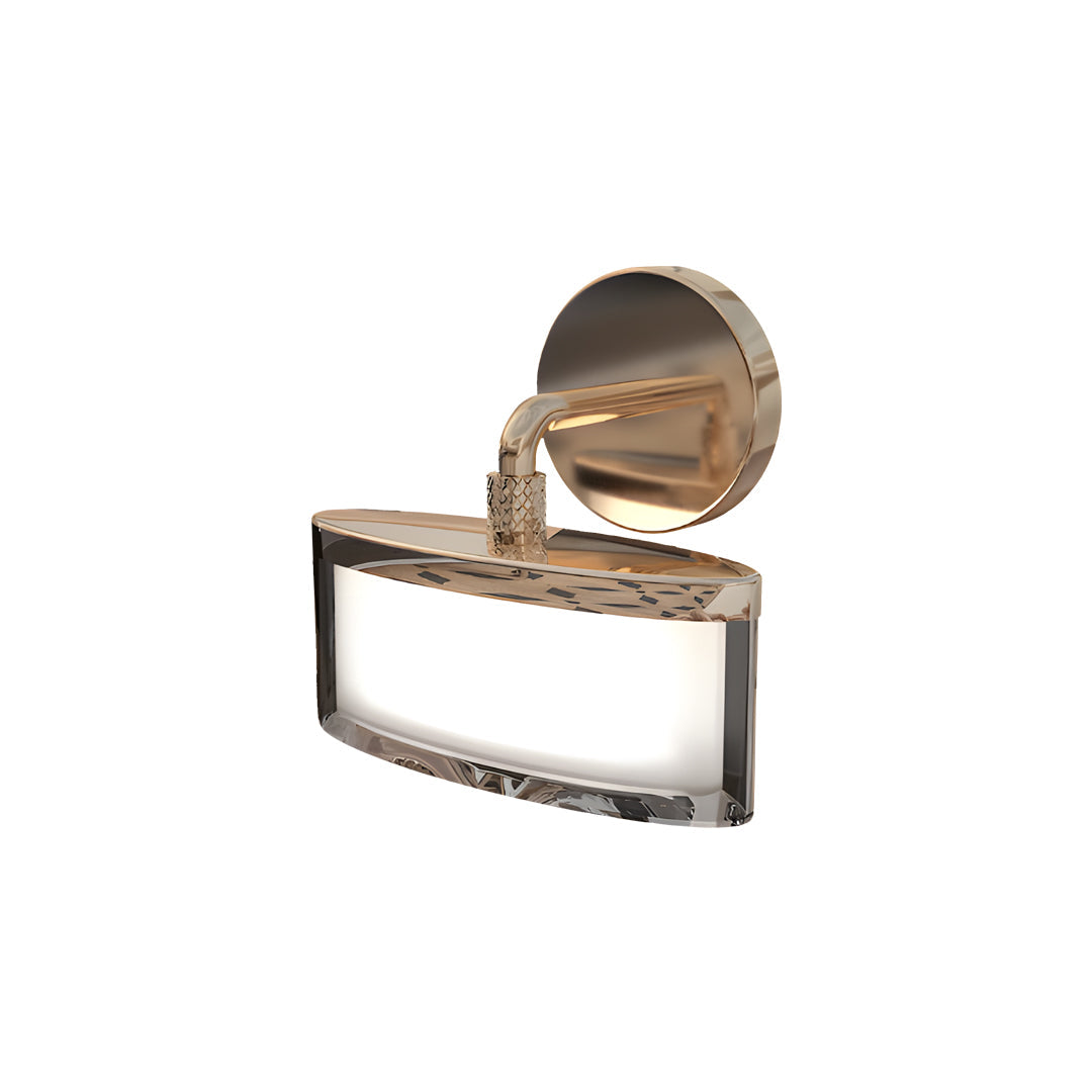 Modern metal wall art with led lights displaying single rectangular shade with circular decorative disc in bronze