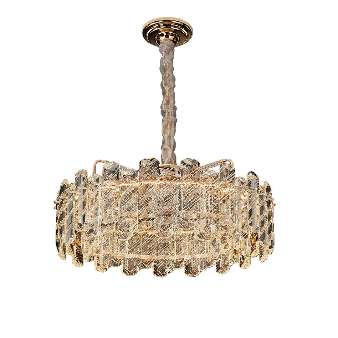 Modern Nordic chandelier featuring glass shade chandelier styling in circular drum design with densely packed faceted crystal elements.