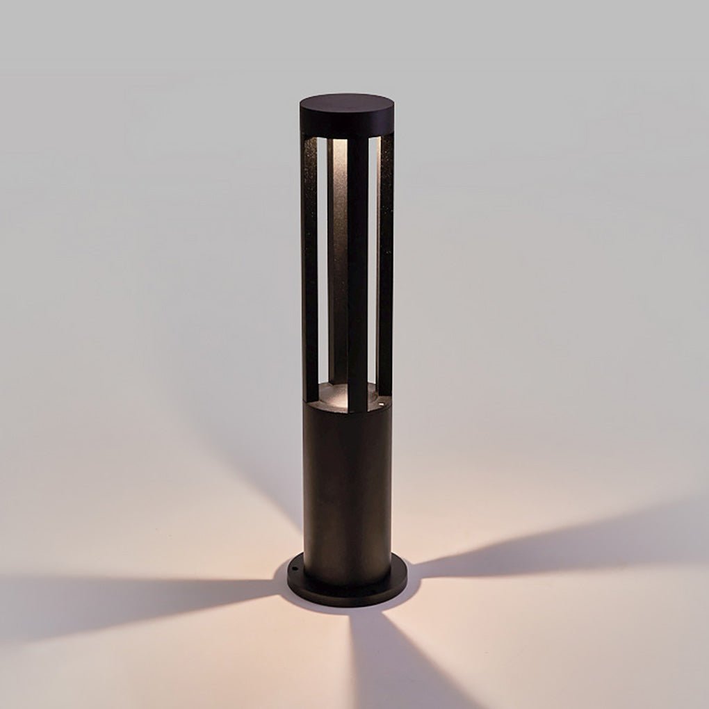 Modern outdoor bollard lights with a close-up of the light source and housing.