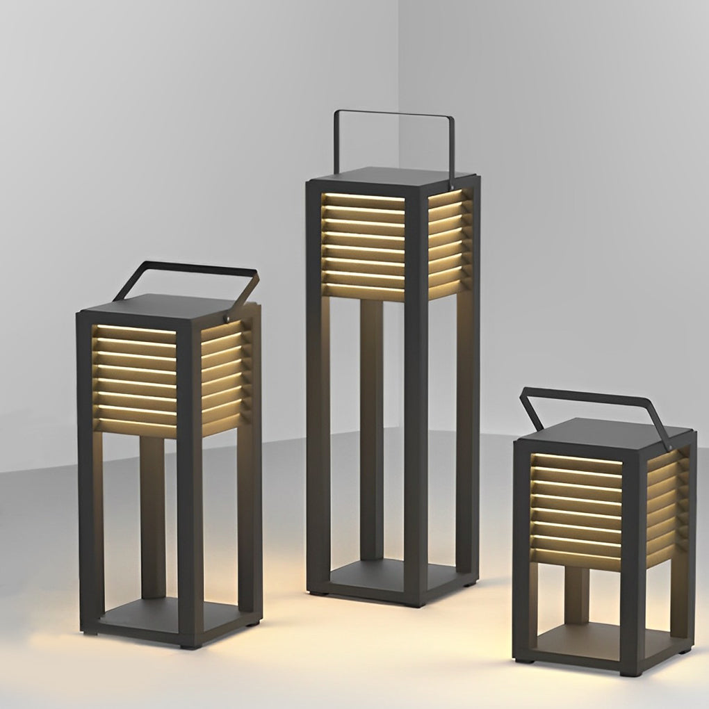 Modern outdoor floor lanterns group display showing different height options.