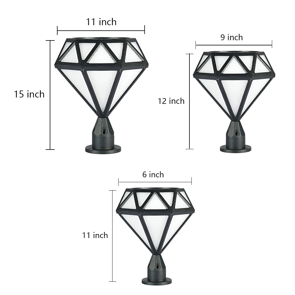 Set of modern outdoor pillar lights in diamond design with dimensions 15x11 inches, 12x9 inches, and 11x9 inches.