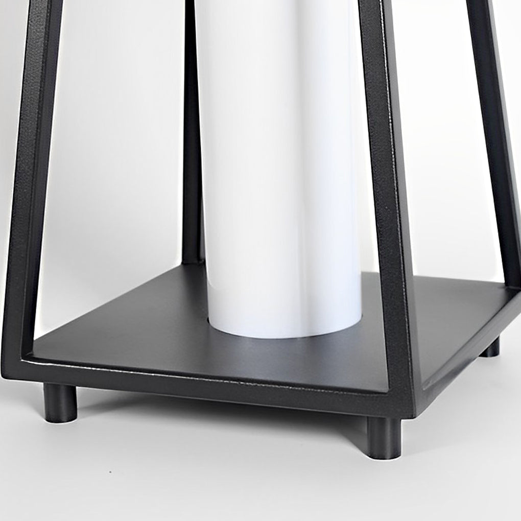 Modern portable outdoor lantern base detail showing sturdy platform and cylindrical light diffuser.
